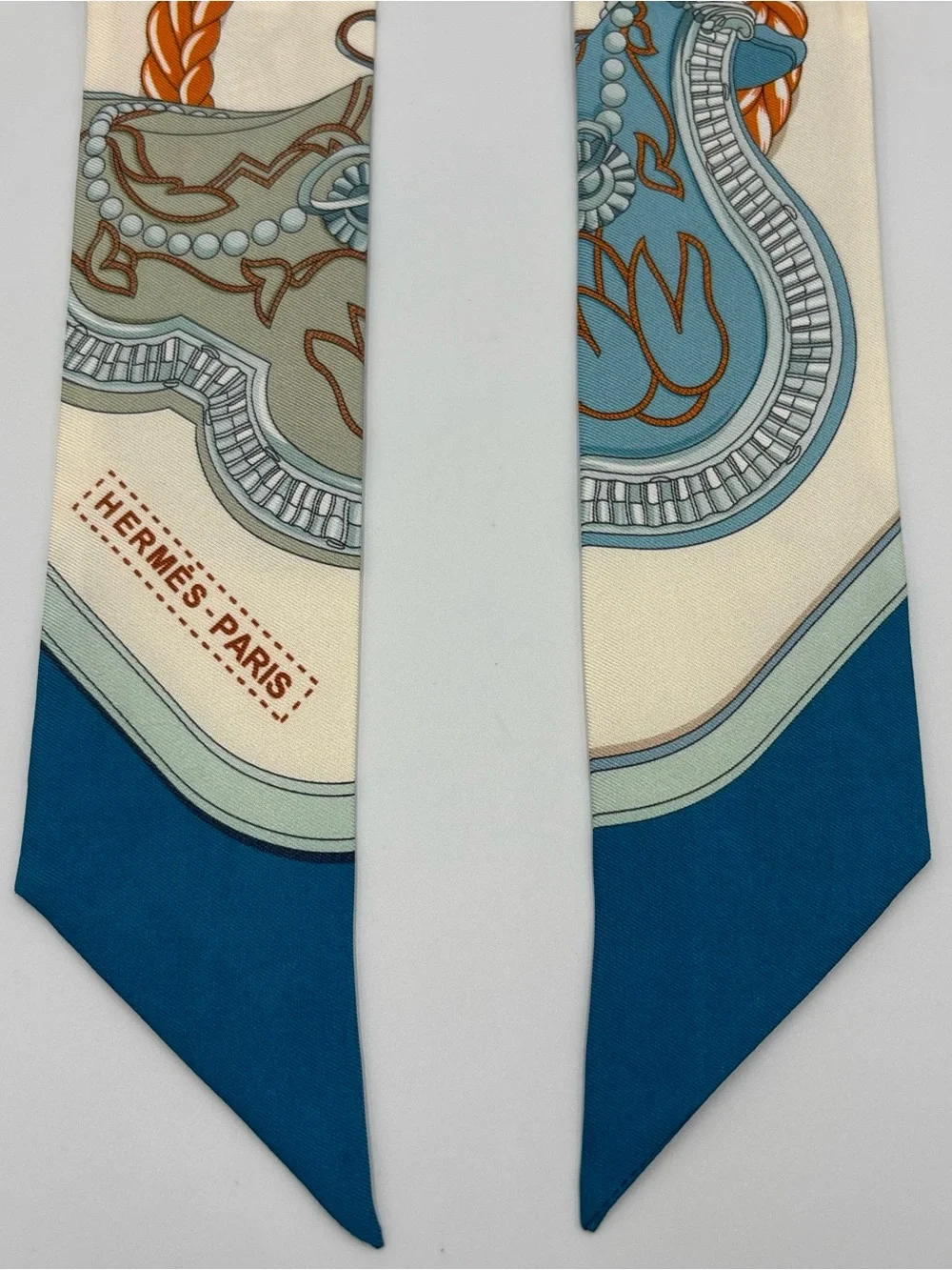 Hermès Twilly Grand Apparat Cream Blue Orange Scarf Ribbon Hair Tie Bag - Picture 3 of 6
